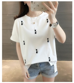 トップス レディース 送料無料 半袖Tシャツ ライトパープル ミントグリーン オレンジ ホワイト イエロー ５色 S M L XL サイズ４展開 キャッツ刺しゅう 半そでTシャツ 半そでTシャツ カジュアルTシャツ 刺しゅうTシャツ 猫刺しゅう キャッツ刺しゅう ユニークTシャツ ゆったりTシャツ デイリーTシャツ 韓国 韓国ファッション オルチャン おしゃれ 普段着 デイリー 日常 お出かけ 部屋着 通学 学生 10代 20代 春 夏 楽ちん 猫柄