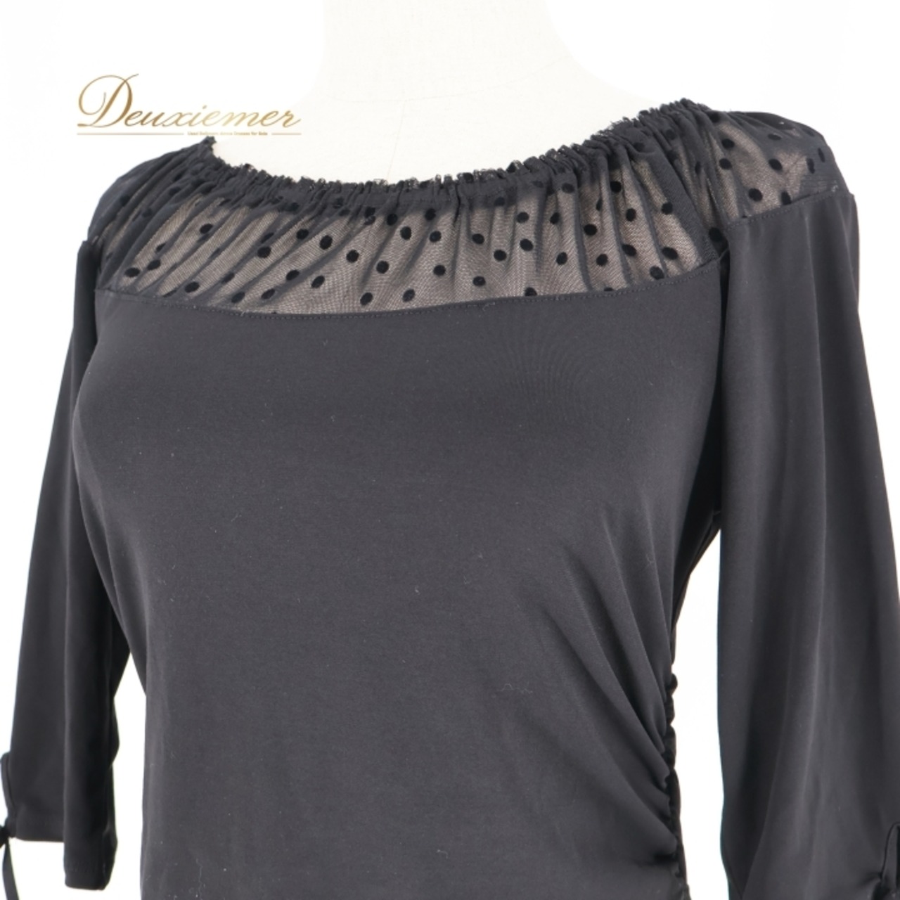 社交ダンス 衣装 トップス ブラウス ブラック系 チャコット Chacott 黒 日本製 水玉 ドット柄 リボン 透け感 伸縮 ストレッチ 練習 レッスン 上品 シンプル かわいい ダンス衣装 イベント ステージ パーティー