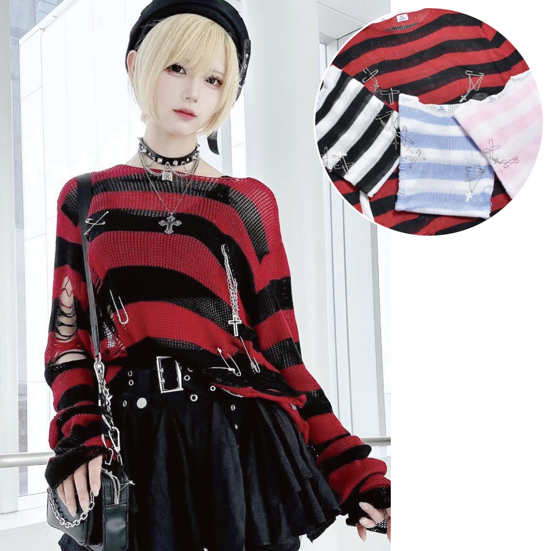 PIN付きダメージボーダーニット(薄手)