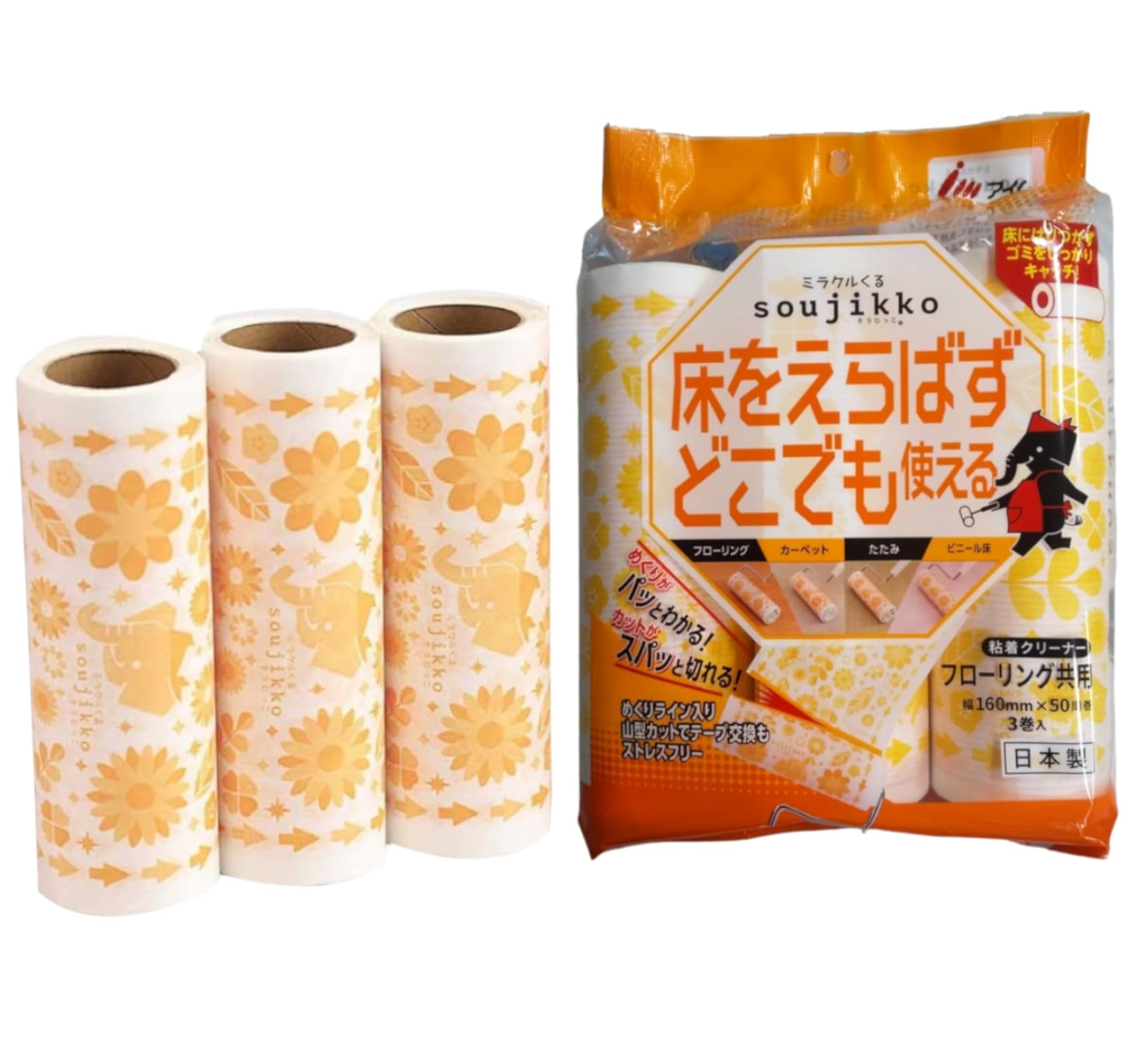 【努力特価】アイム 粘着クリーナー ミラクルくる マルチ そうじっこ フローリング 共用 どこでも使える強粘着 50周 3本入