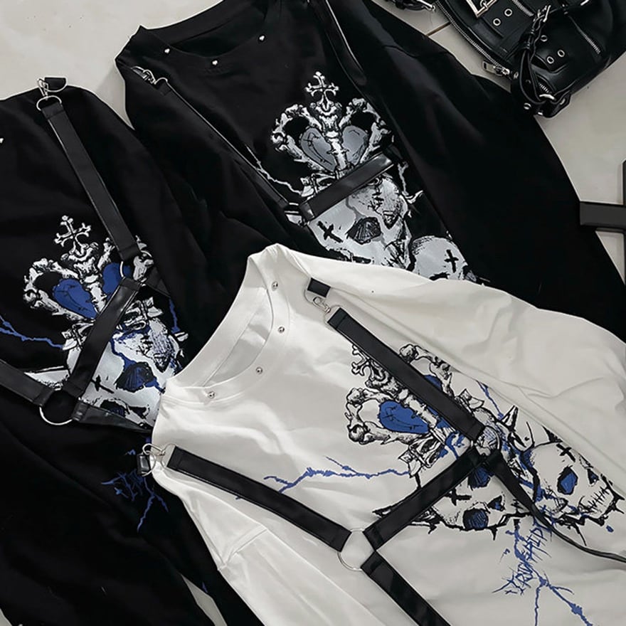パンク 推し活 ライブ 長袖 Tシャツ スカル プリント Y2Kファッション