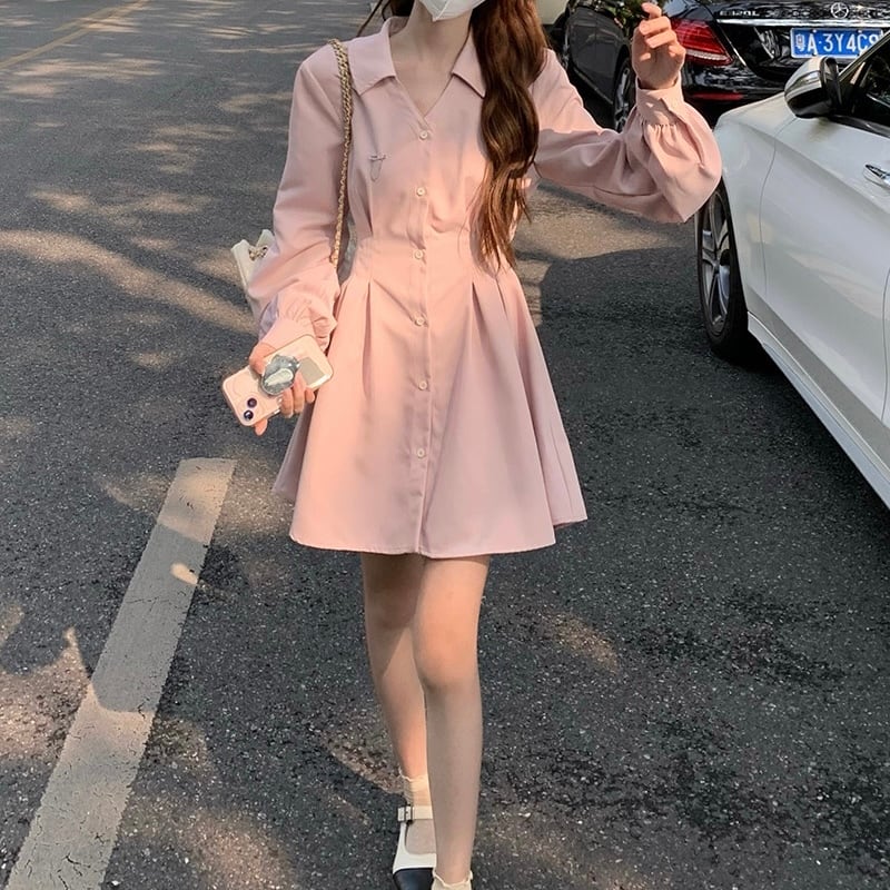 マージュ 花柄 長袖ワンピース フレア ピンク ウエストカット マージュ 花柄 長袖ワンピース フレア ピンク ウエストカット