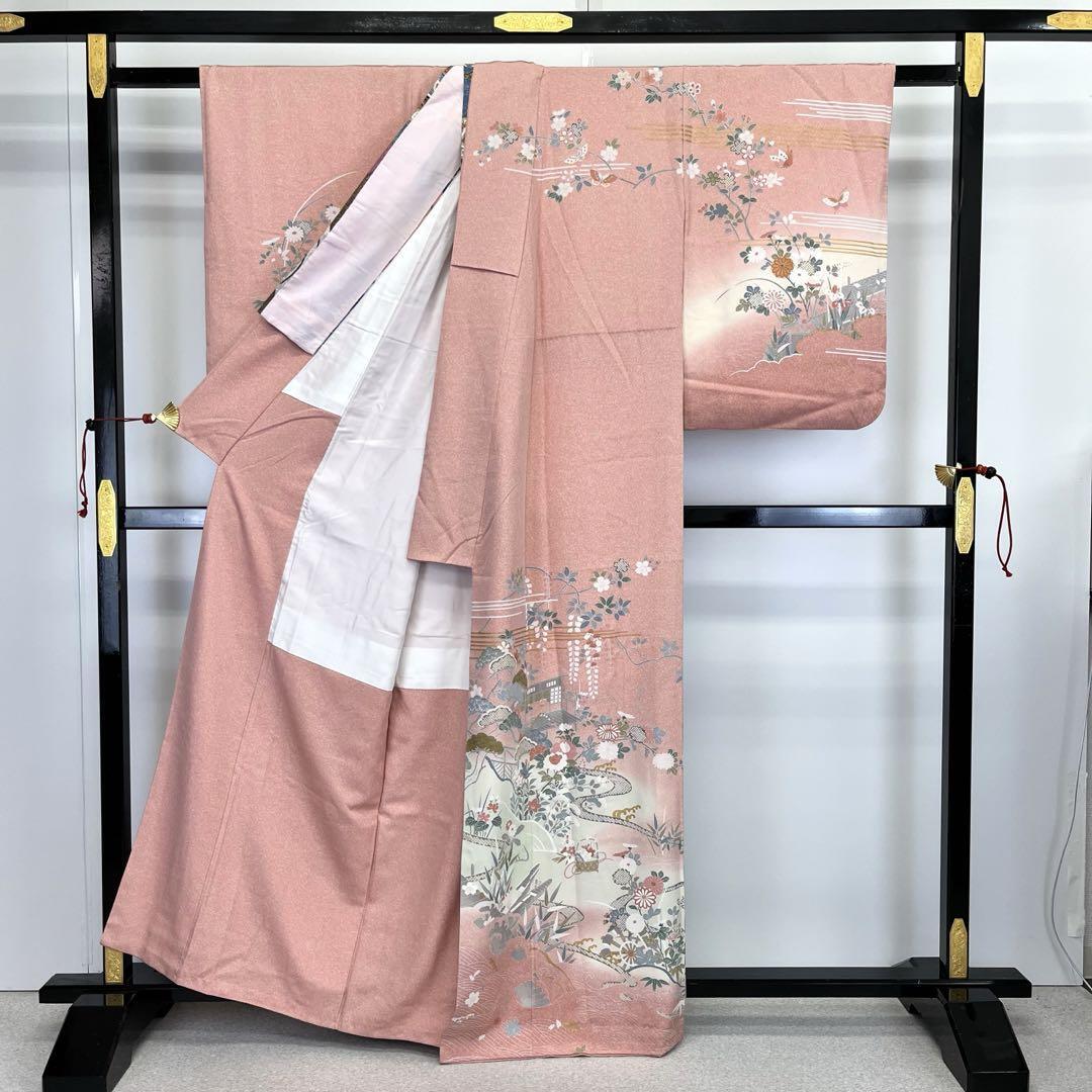 訪問着 四季の花模様 流水 金彩 暈し染 縮緬 薄紅梅色 K-3919  