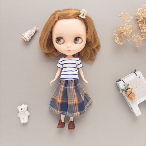 【２点セット】トレーナースカートセット服（ボーダー青チェック）リカちゃんネオブライス