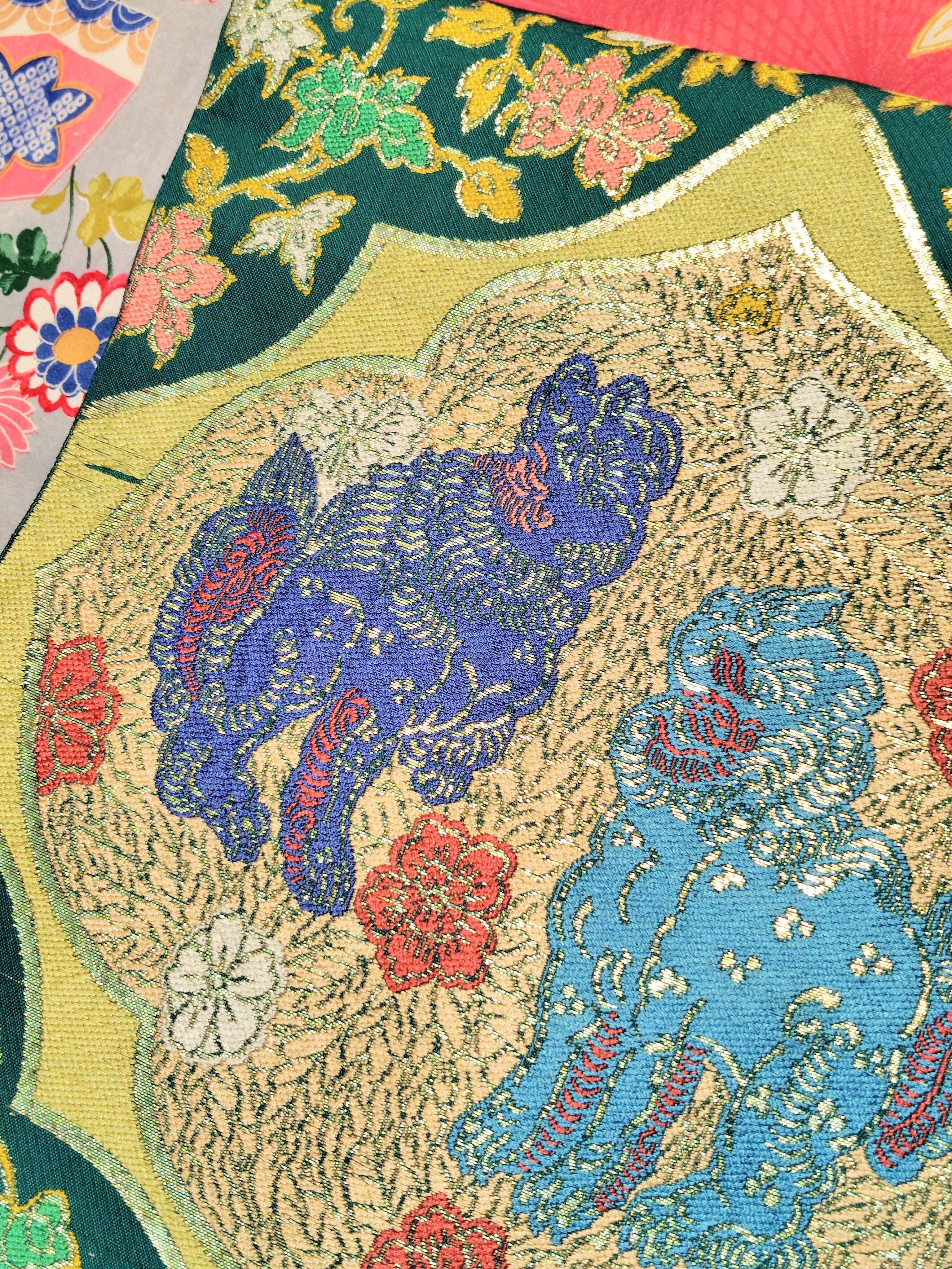 水*月様 ■C887■アンティーク■正絹■黒　金糸・銀糸　唐獅子柄　全通　袋帯■ 京袋帯 馬 鳥 人物柄 唐獅子 金糸 黒色 PO-3203