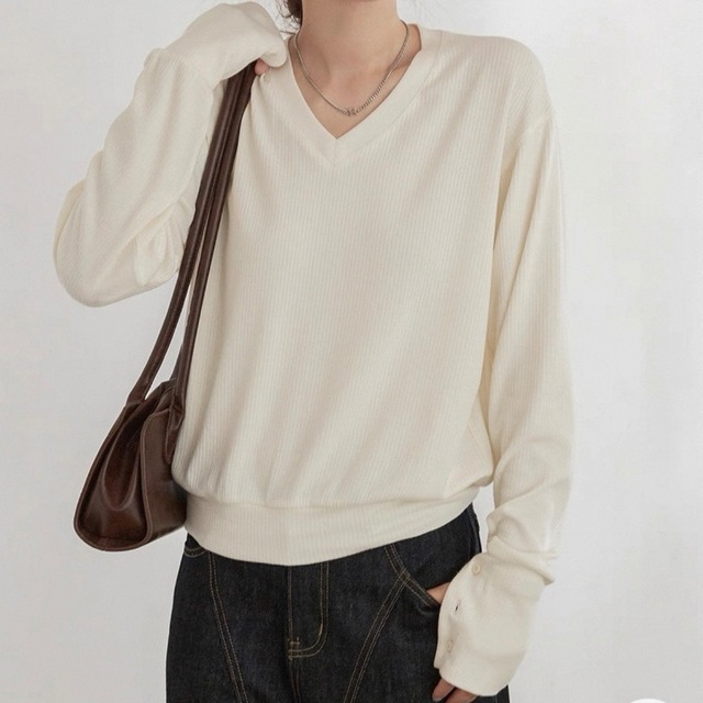 Vネック 長袖 トップス カットソー　◆3col    SA10084