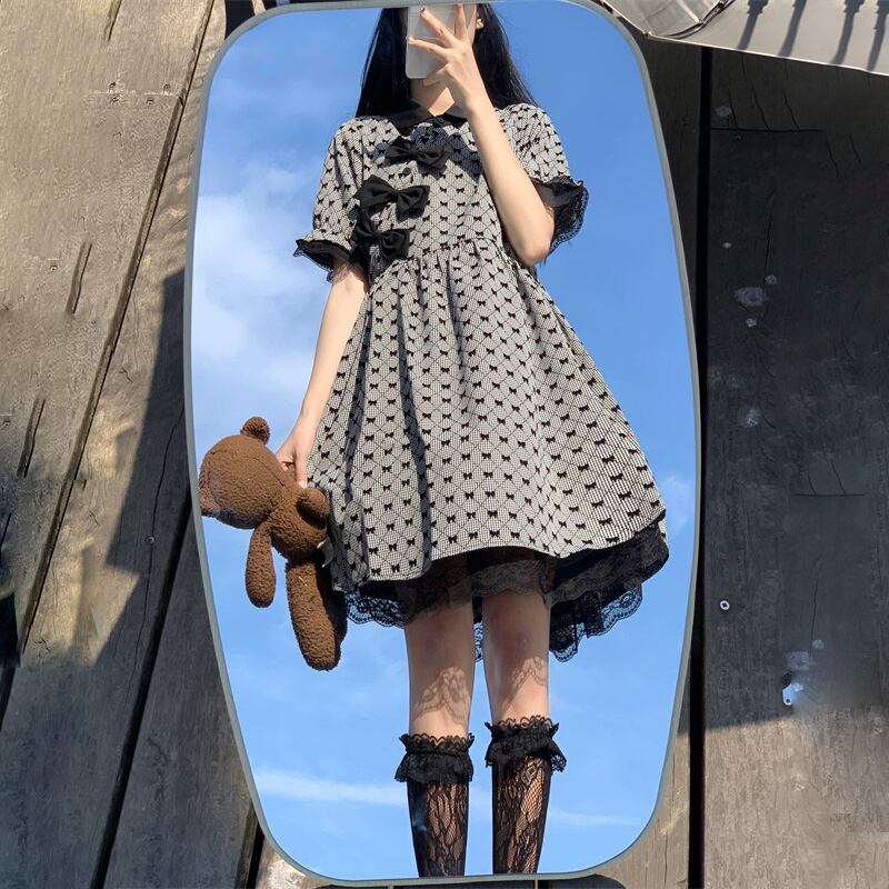 萌量不足シリーズ チャイナ風ワンピース チェック柄ワンピース 可愛い リボン スウィート 夏 レトロ Elegant