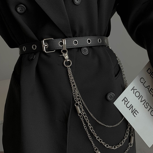 【SONGCHENGシリーズ】★チェーン付きベルト★ デザイン性有り 個性的 合わせやすい PU 合金 ブラック 黒い