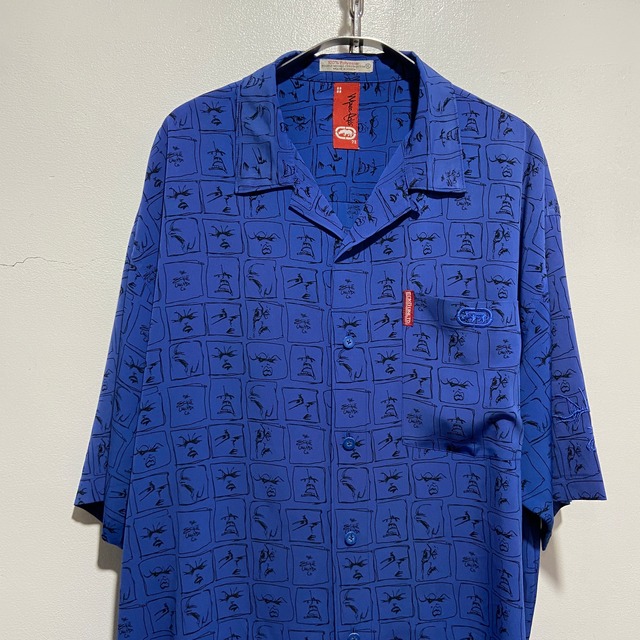 『送料無料』90s ecko アートデザインオープンカラーシャツ　表情　顔　半袖ポリシャツ