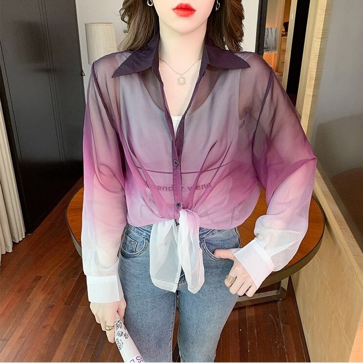 トップス レディース シャツ ブラウス S M L XL 袖あり 長袖 シースルー グラデーション 透け感 フレア ワイド Aライン かわいい 大人可愛い きれいめ シンプル カジュアル 上品 お洒落 レトロ 大人女子 ラブリー キュート ガーリー ルーズ 個性的 クール モード系 エレガント 抜け感 春 夏 秋 冬 10代 20代 30代 40代 学生 デート お出かけ 女子会 休日 着回し 普段使い 韓国系 ファッション コーデ 楽ちん モテ 定番 シアー 送料無料