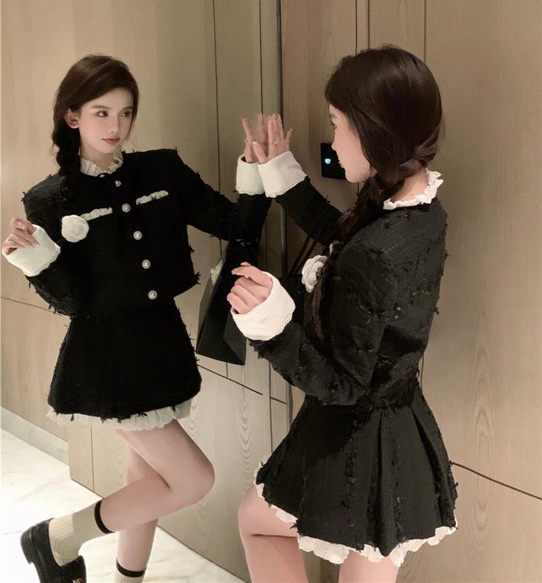 ツイード×レースモノトーンフレンチガーリーセットアップ
