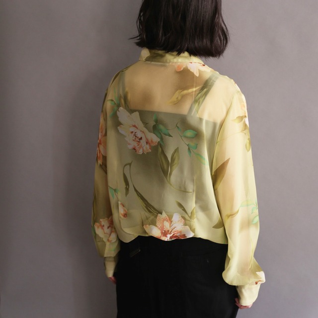 "鶯" nice green flower pattern l/s see-through shirt