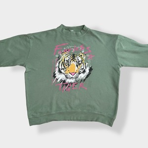 【USA古着】Fearless Tiger アニマルプリント 虎 タイガー イラスト プリント 薄手 スウェット トレーナー プルオーバー アースカラー くすみカラー ワイドサイズ ビッグシルエット