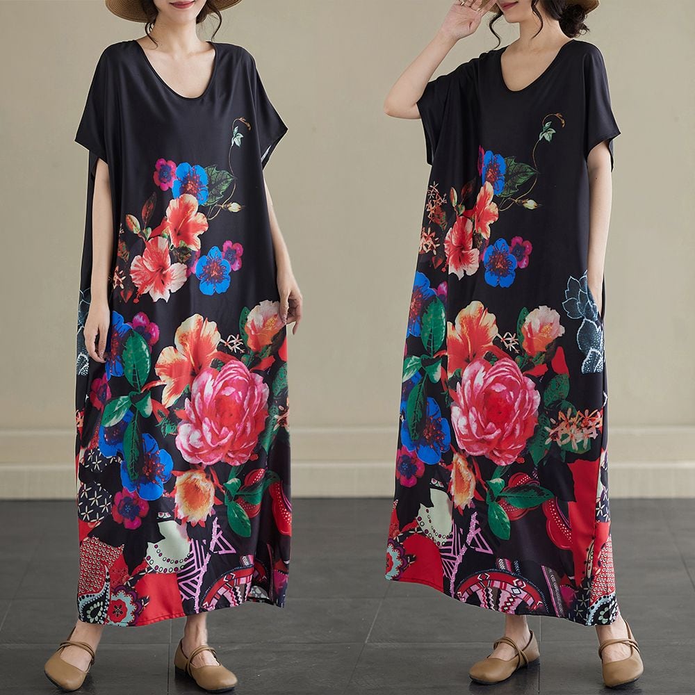 FLOWER PRINT U-NECK FRENCH SLEEVES WIDE LONG PULLOVER DRESS 1color M-13287