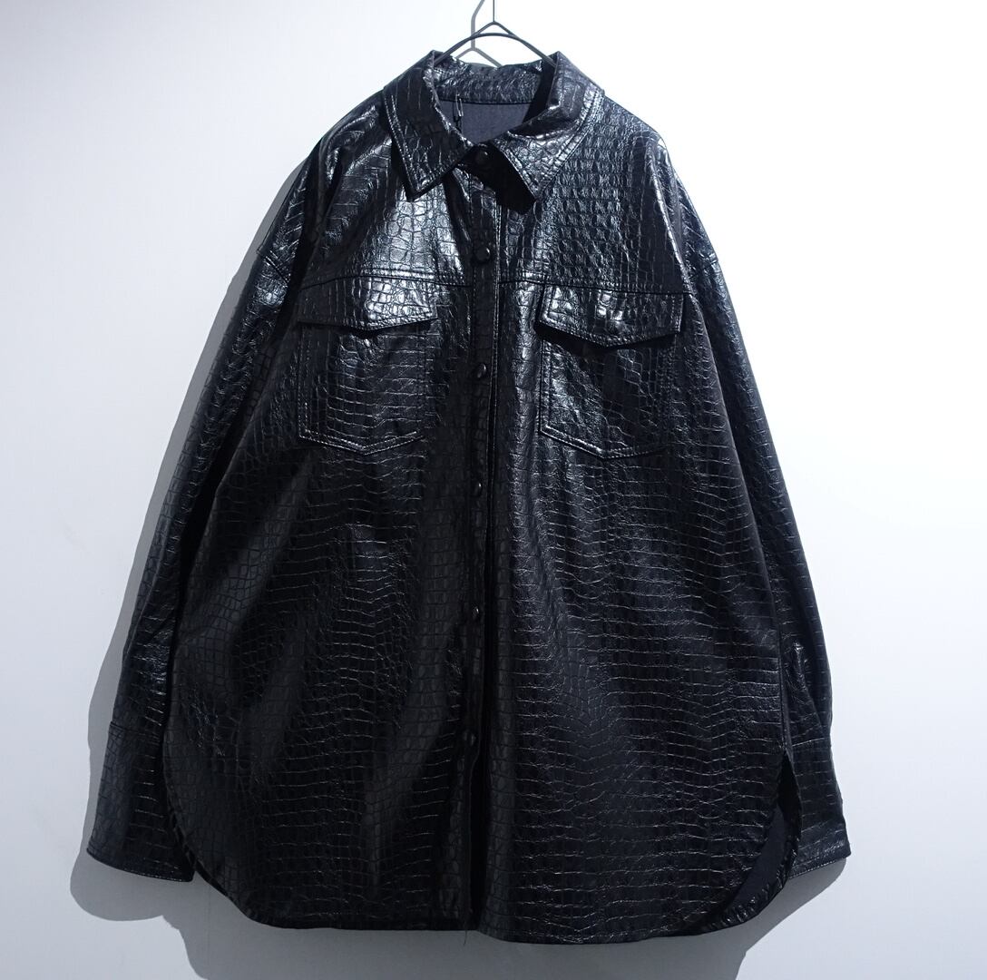 Black Crocodile Embossed Design Faux Leather Shirt