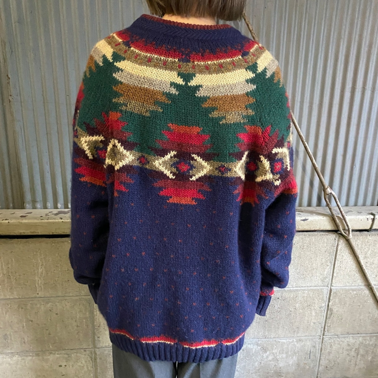 90年代 Woolrich ウールリッチ ネイティブ柄 ウール ハンドニットセーター メンズL 古着 手編み 総柄 90s ヴィンテージ ...