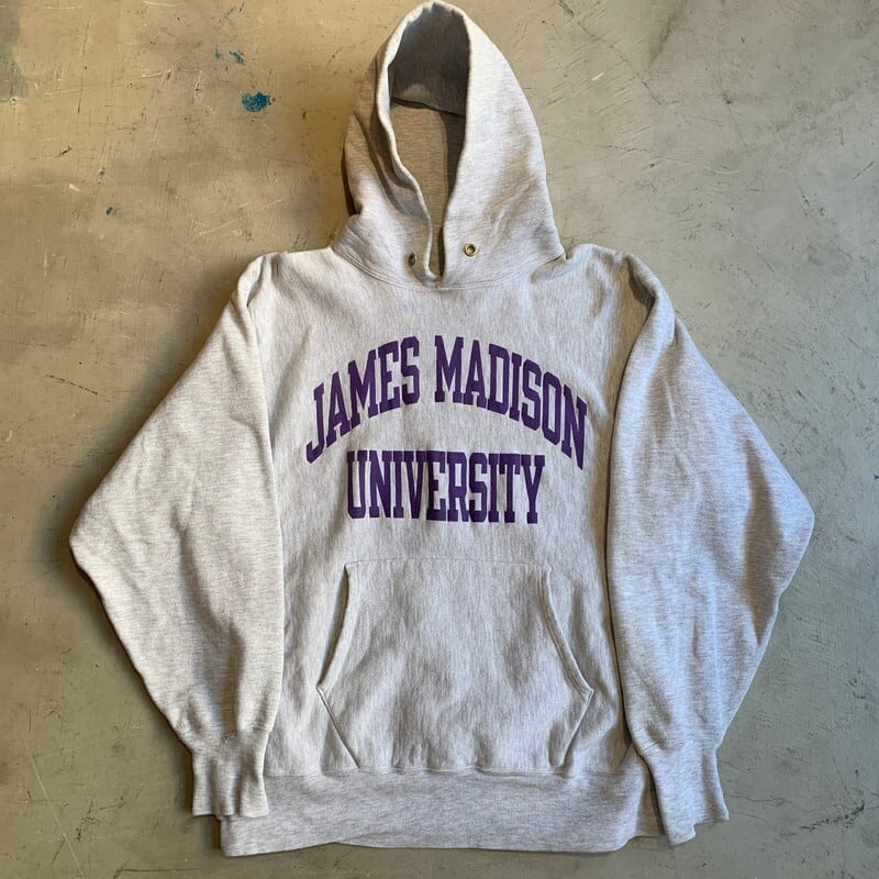 90's Champion チャンピオン リバースウィーブ スウェットパーカー 2段プリント 刺繍タグ JAMES MADISON  UNIVERSITY グレー パープル カレッジ USA製 XLサイズ 希少 ヴィンテージ BA-1272 RM1641H | agito  vintage