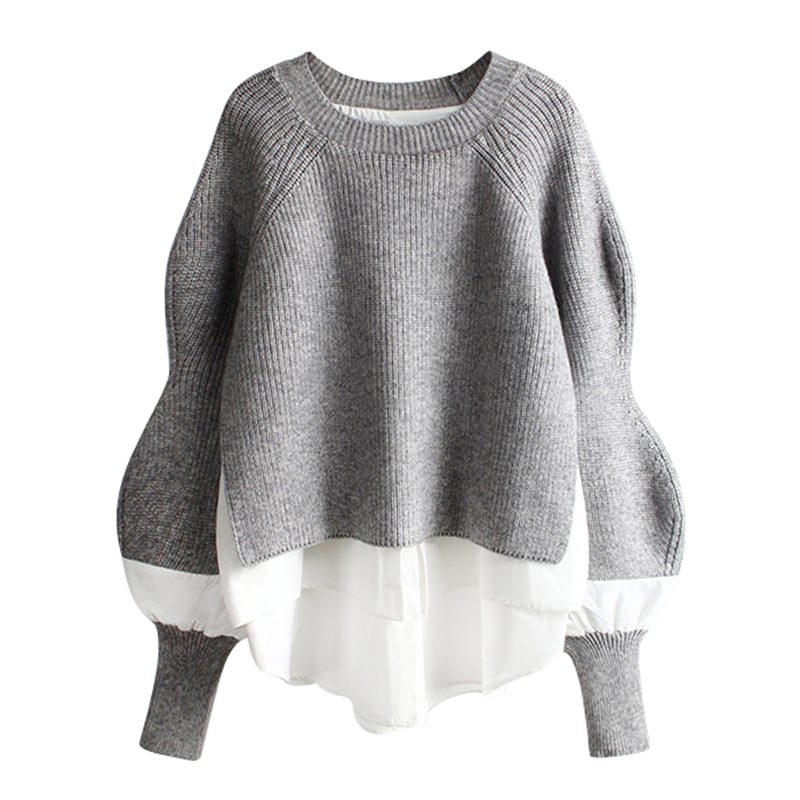 LAYERED DESIGN ROUND NECK PULLOVER KNIT TOP 3colors M-7905