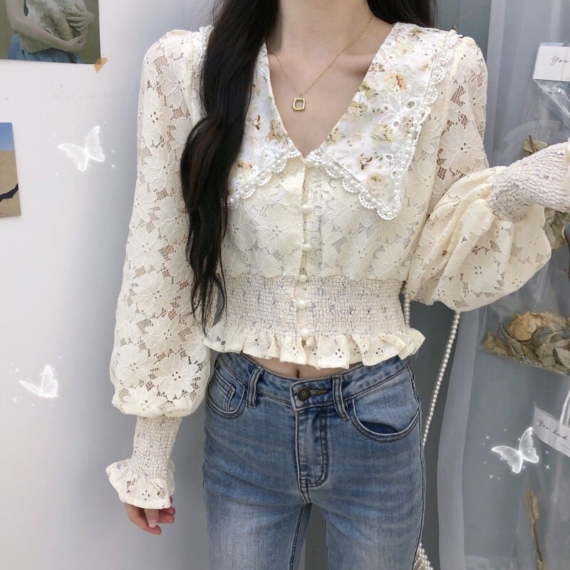サイズが選択可) トップス シャツ ブラウス レース 長袖 襟付き