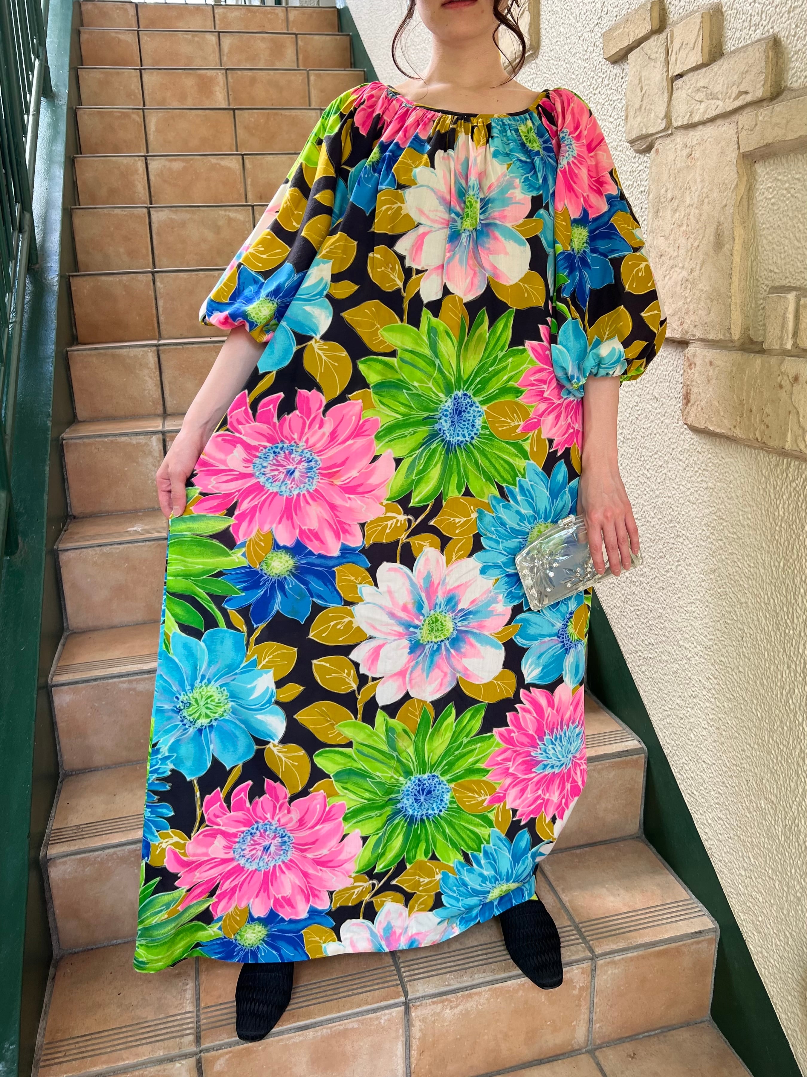 70s hawaiian floral cotton maxi dress ( ヴィンテージ ハワイアン 花 ...