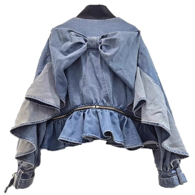 Chic Denim Jacket with 3D Bow & Ruffle Details(CF020)