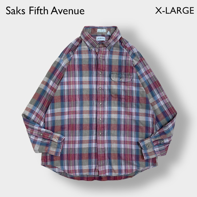 【Saks Fifth Avenue】フランネルシャツ ライトネルシャツ 長袖 チェック柄 カジュアルシャツ マルチカラー XL 香港製 US古着