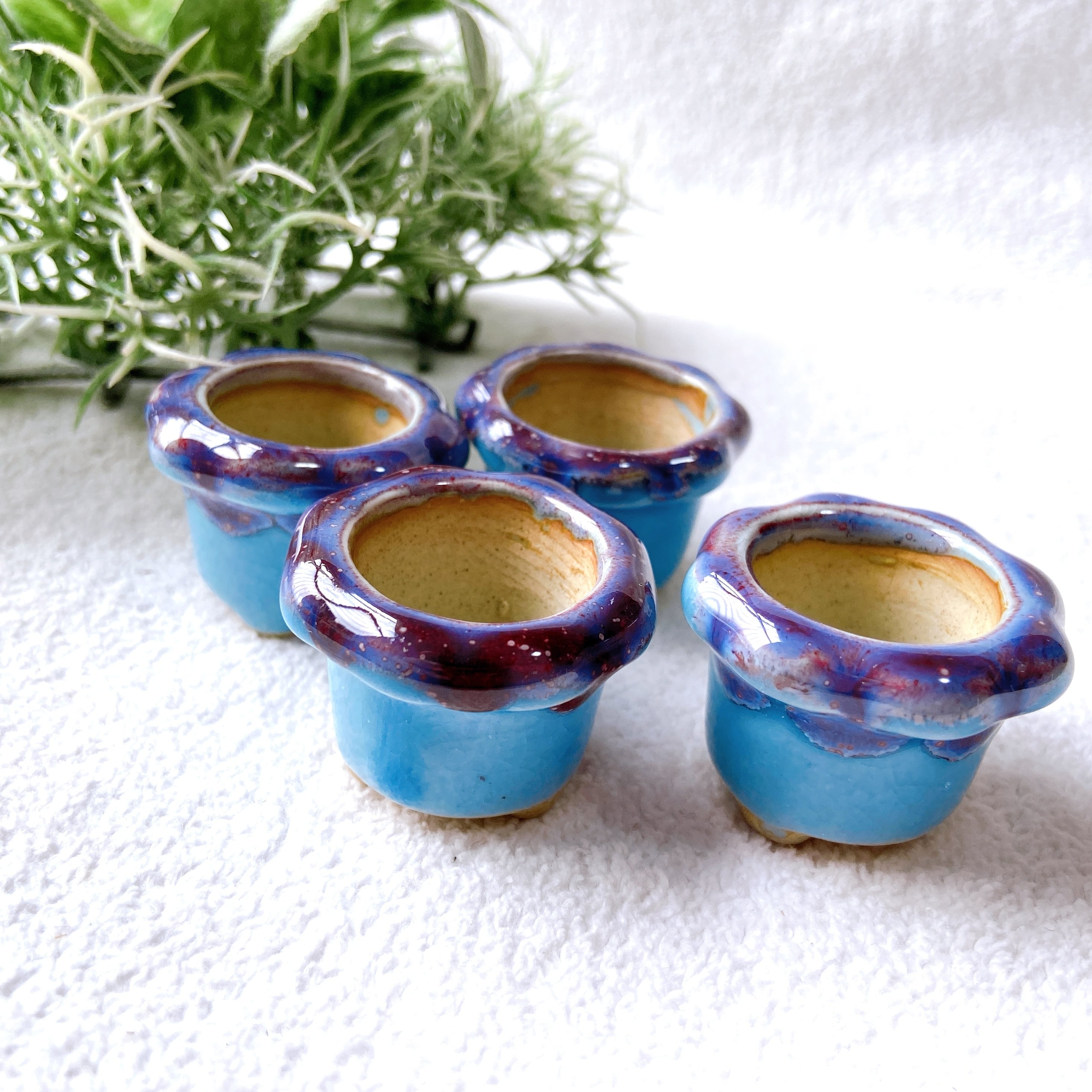 水色のミニチュア陶器植木鉢 4点セット】シンプルな形で植物がかわいく