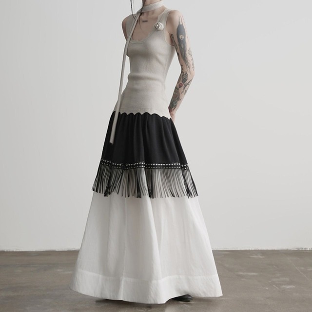 Pleated fringe high waist long skirt C1046