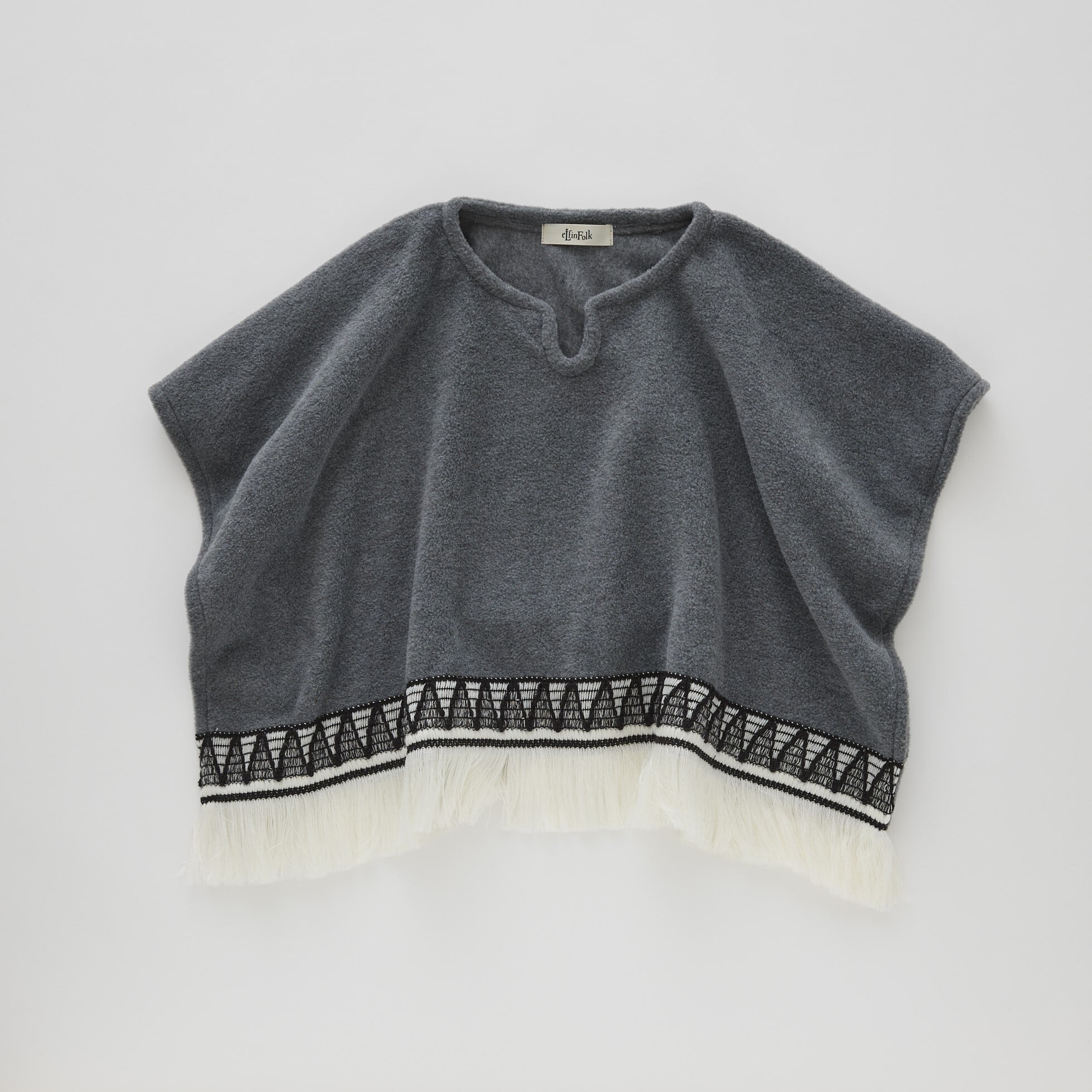 【24AW】eLfinFolk(エルフィンフォルク)ZigZag Fringe Fleece Poncho gray(90/110/130) ポンチョ アウター グレー