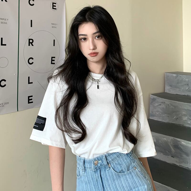 ブラックサマーソリッド カラールーズラウンドネックTシャツ トップス 夏物 Oネック ソリッドカラー ブラックストロベリース93227658092