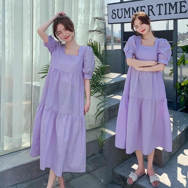 【新作】【送料無料】 マタニティウェア2020夏の新しい綿とリネンのスクエアカラーのルーズドレスプラスサイズのトレンディなマザーミドルレングスのマタニティドレス-アリババ コットン 大きめサイズ サマー 夏物 スクウェア expec293679513749