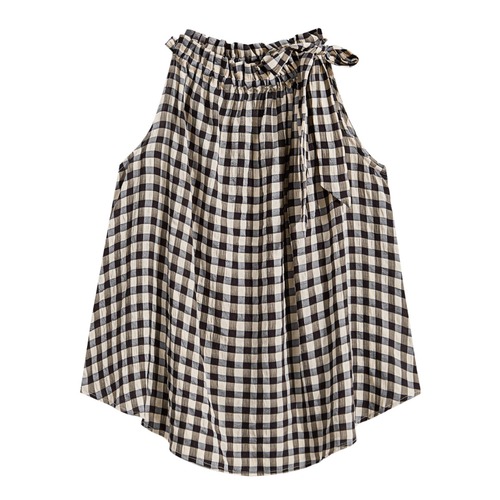 gingham check ribbon tie sleeveless blouse　L0543