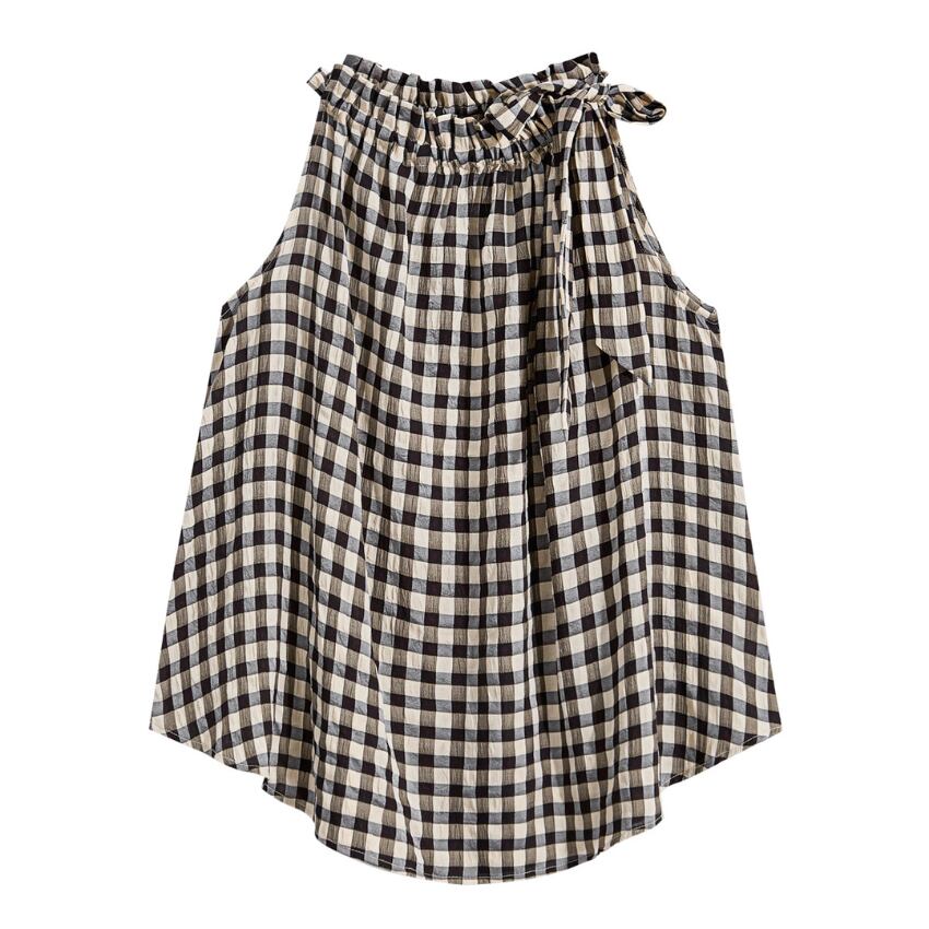 gingham check ribbon tie sleeveless blouse L0543