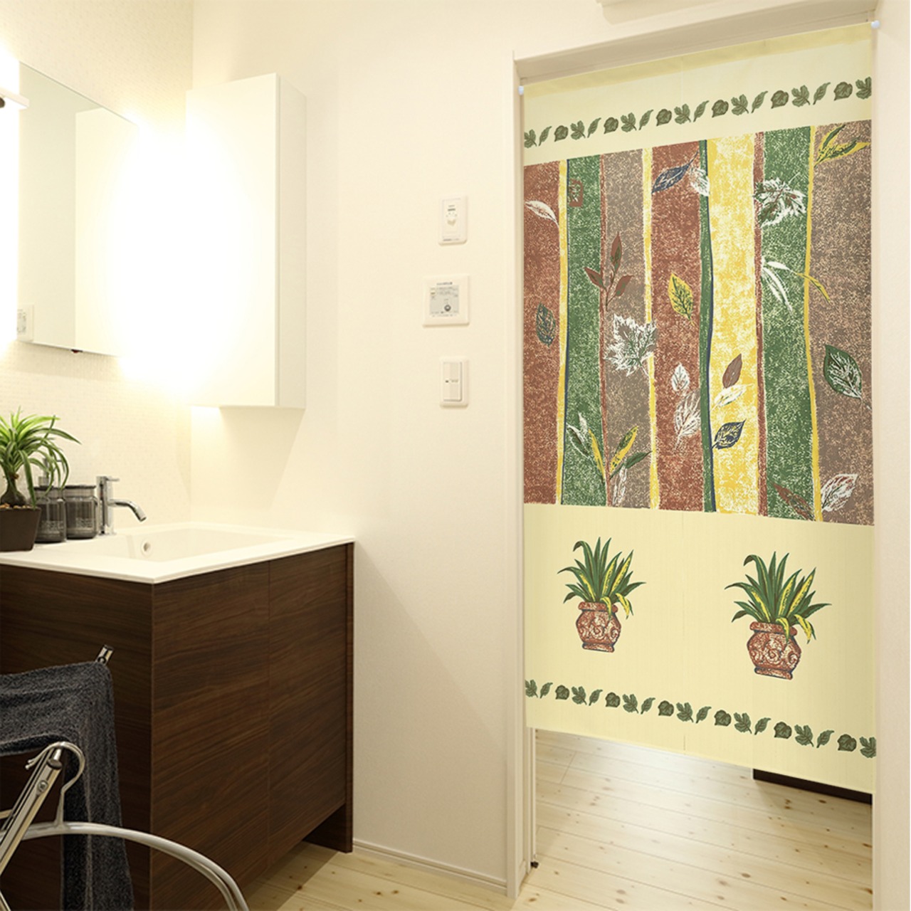 【受注生産】 のれん ナチュラル 木目と葉っぱ/鉢植えと葉っぱ 幅85ｘ丈150cm