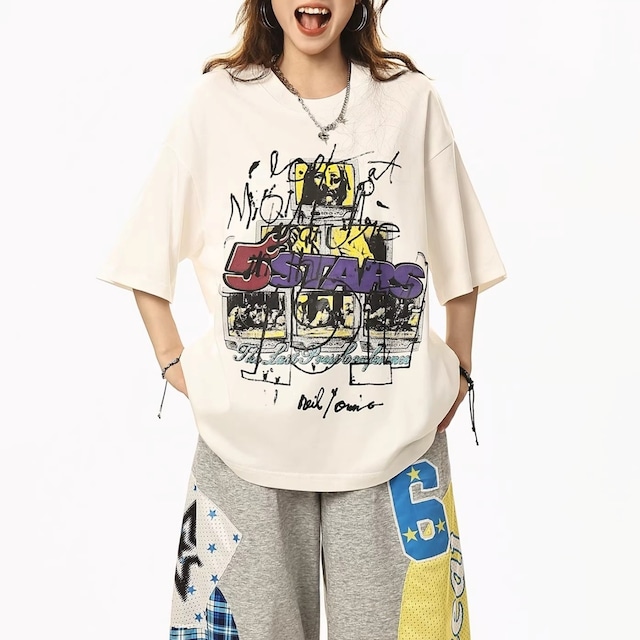 フォトグラフィックメッセージドロップショルダーTシャツ 2col R02074