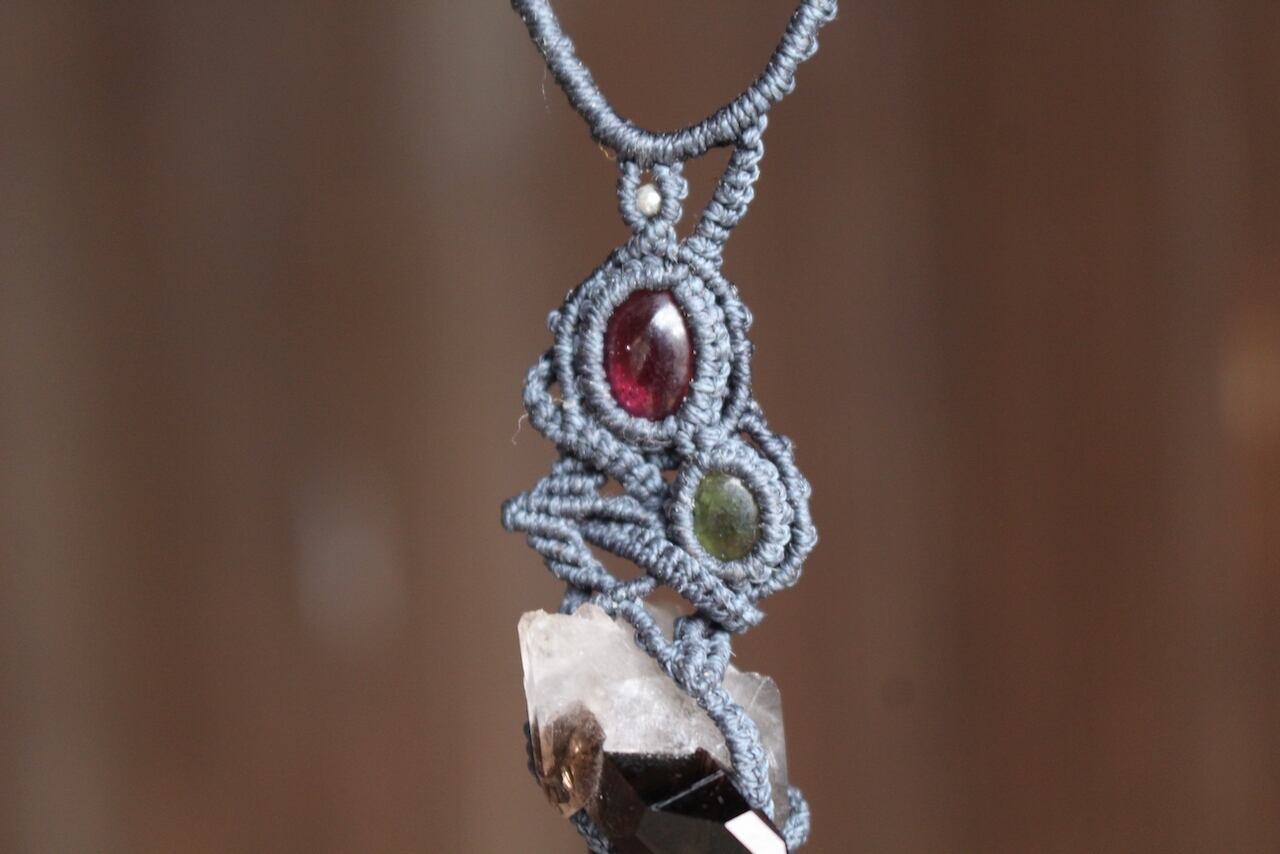 Cairngorm  & Rhodolite Garnet & Green Tourmaline micro macrame necklace