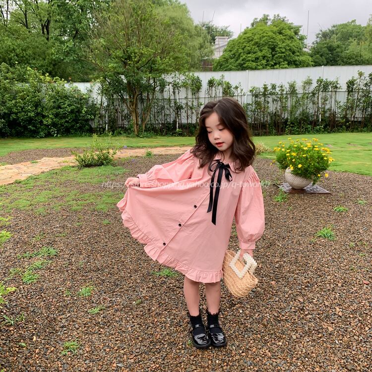 90 140 ワンピース 長袖 ドレス ボウタイリボン シャツワンピース 韓国版 韓国子供服 子供服 女の子 Q Toworld キュートワールド 子供服