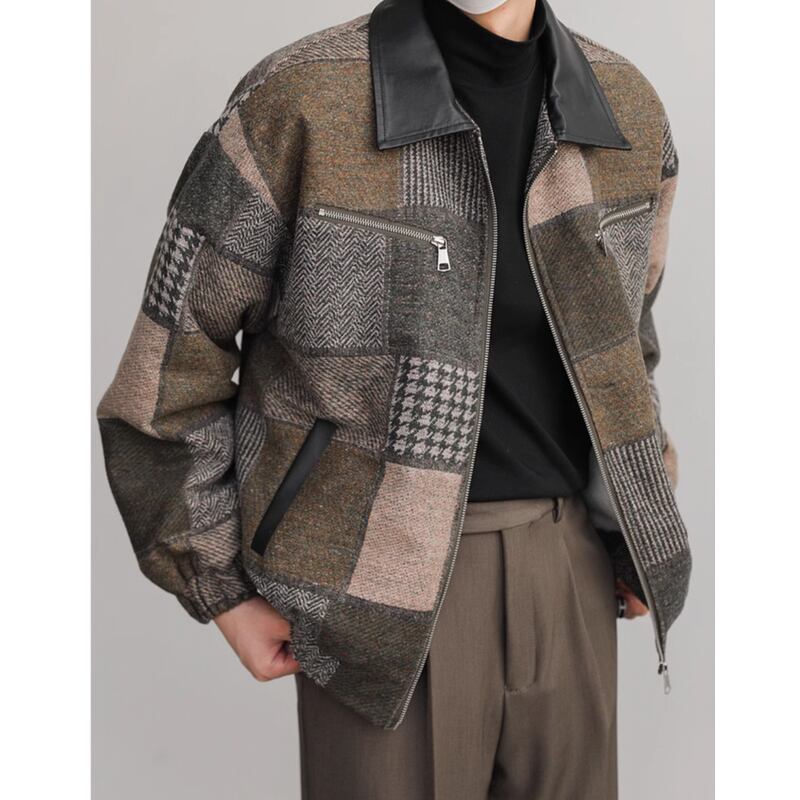 zip up patchwork wool jacket stand collar design mr0025