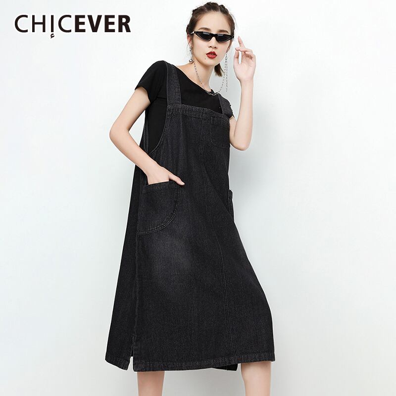 CHICEVERデニムドレスレディーススクエアカラーノースリーブオフショルダーポケットオーバーサイズミディドレス2020服 スクウェア 6base513761989752