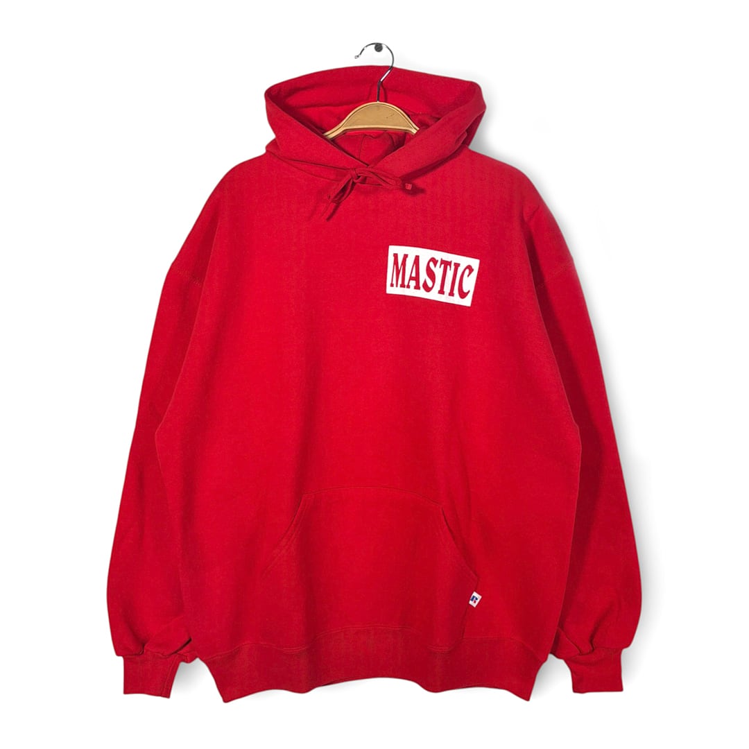 90s ラッセル USA製 ヴィンテージ スウェットパーカー 企業系 MASTIC バックプリント レッド RUSSELL メンズXL 古着 CG0472