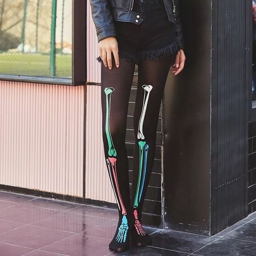 【ママ用】ハロウィンやパーティー、イベントなどに!面白い♡カラフル骸骨デザインタイツ♪黒