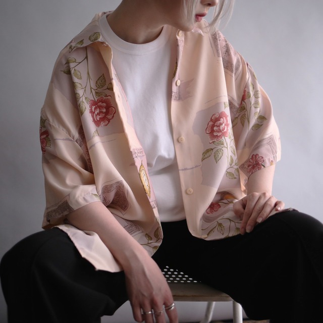 "桜色" square rose art pattern loose h/s shirt