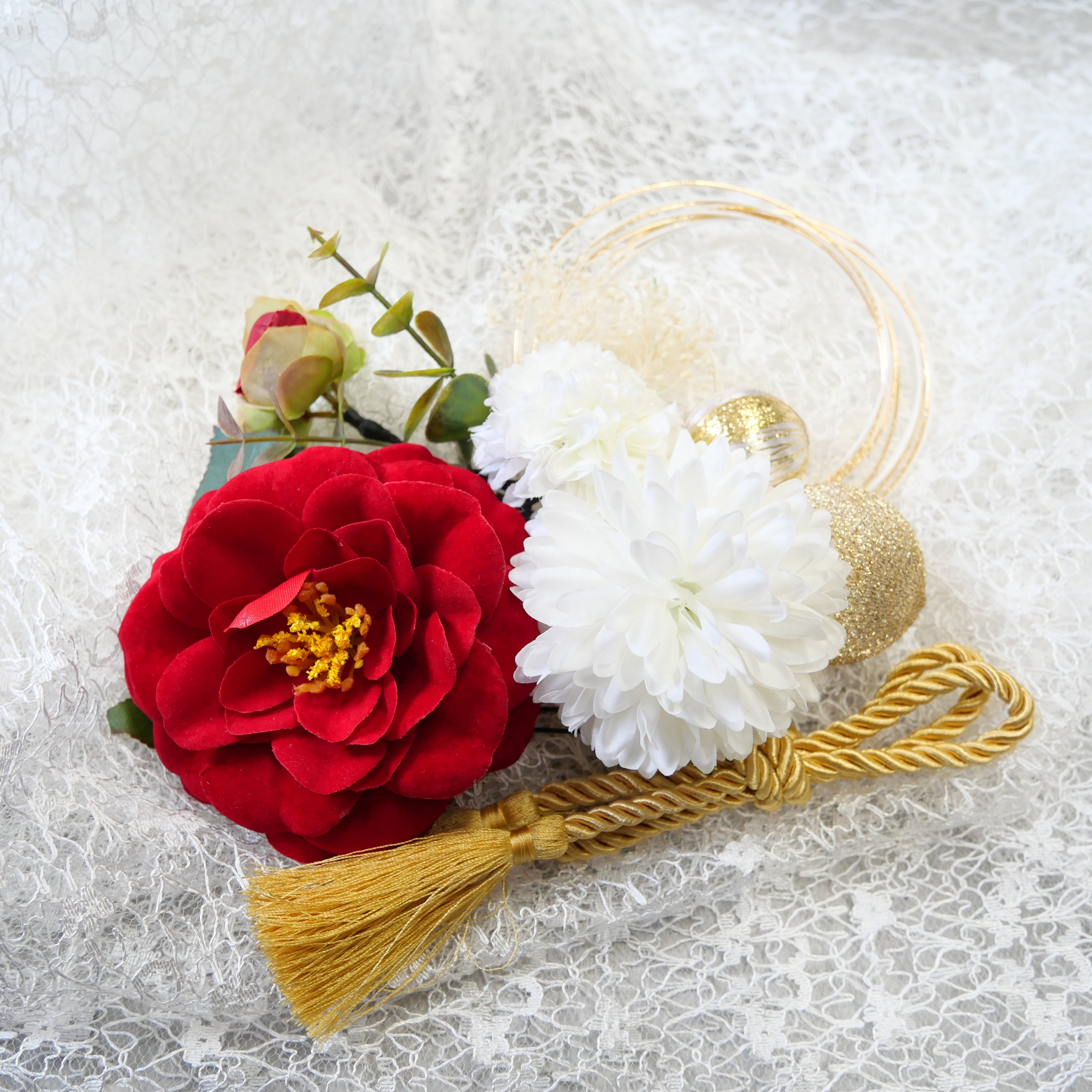 A040 赤 椿の髪飾り 水引 リボン ドライフラワー 成人式 卒業式 和装