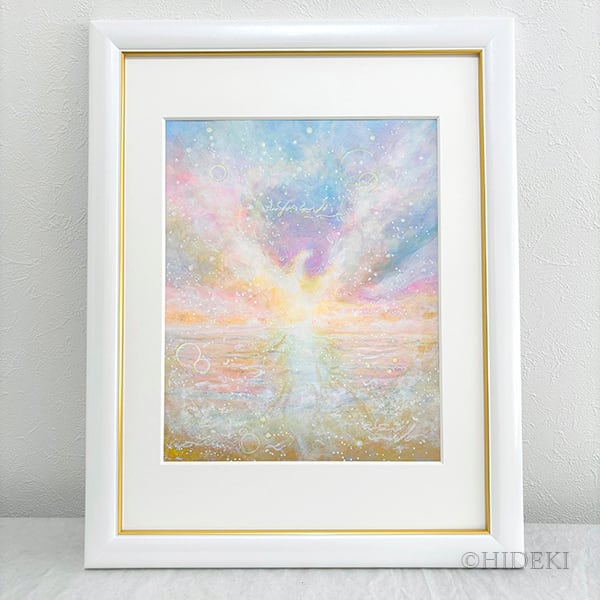 24217E 肉筆原画　水彩画　絵画　ファンタジー　ヒーリングアート 送料無料】鳳凰の絵画｜海と空の煌めき「Rising Phoenix」アート