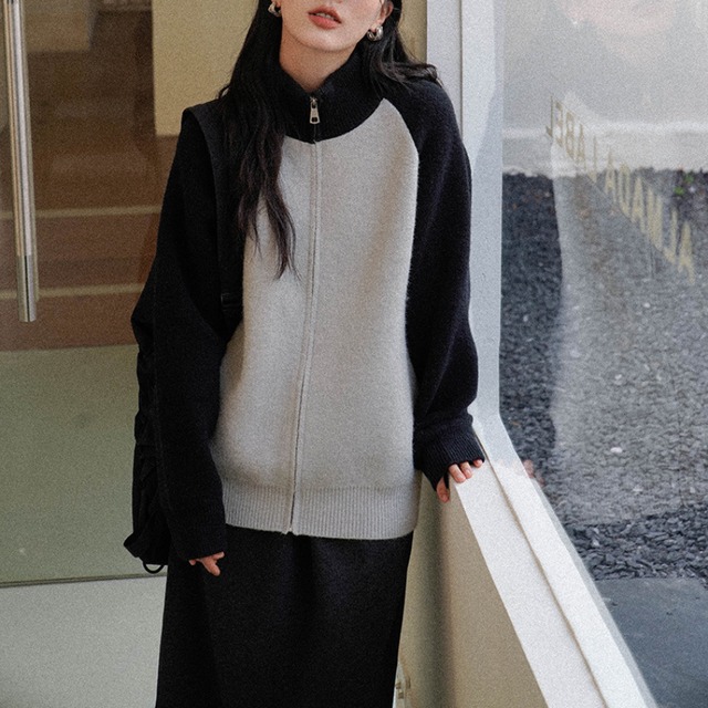 color-block zip knit cardigan　J00210