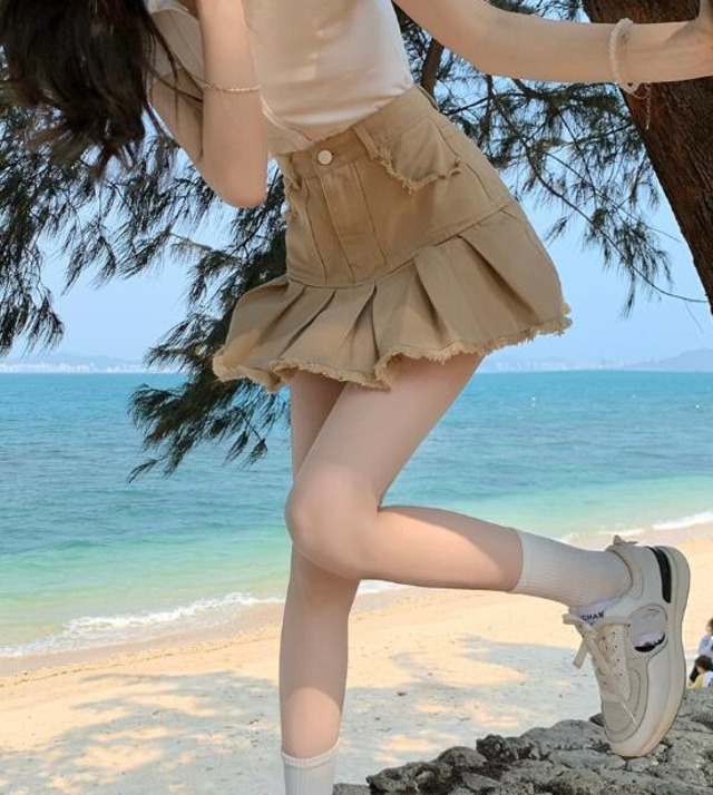 カーキ色 デニム プリーツスカート 2022夏ファッション Aライン レトロ ハイウェストスカート