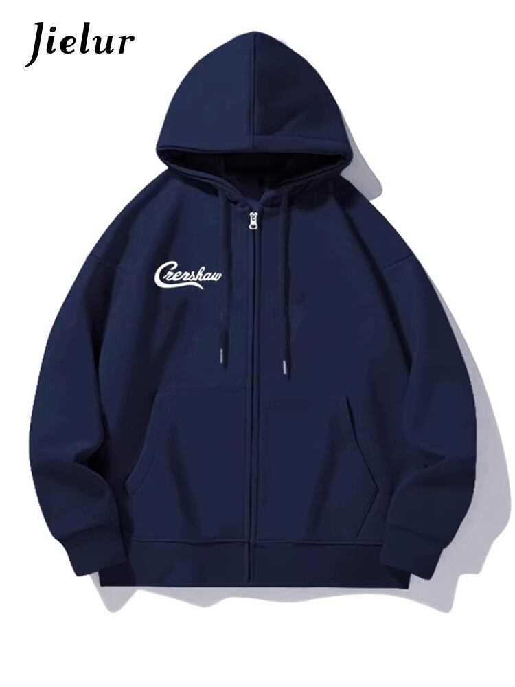 Jielur ネイビージップアップシンプルスウェットソリッドカラー O