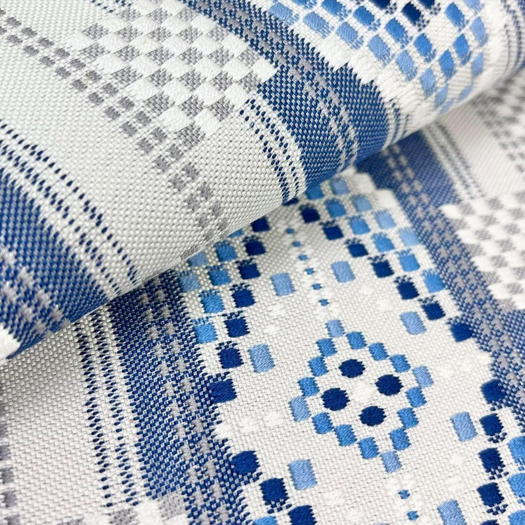 袋帯 リバーシブル 藍色の美しい幾何学模様 花織 ガード加工 O-3836