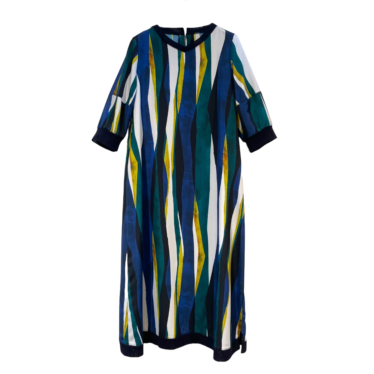 【再入荷】水彩幾何ストライプフレアーワンピース【252-7142】