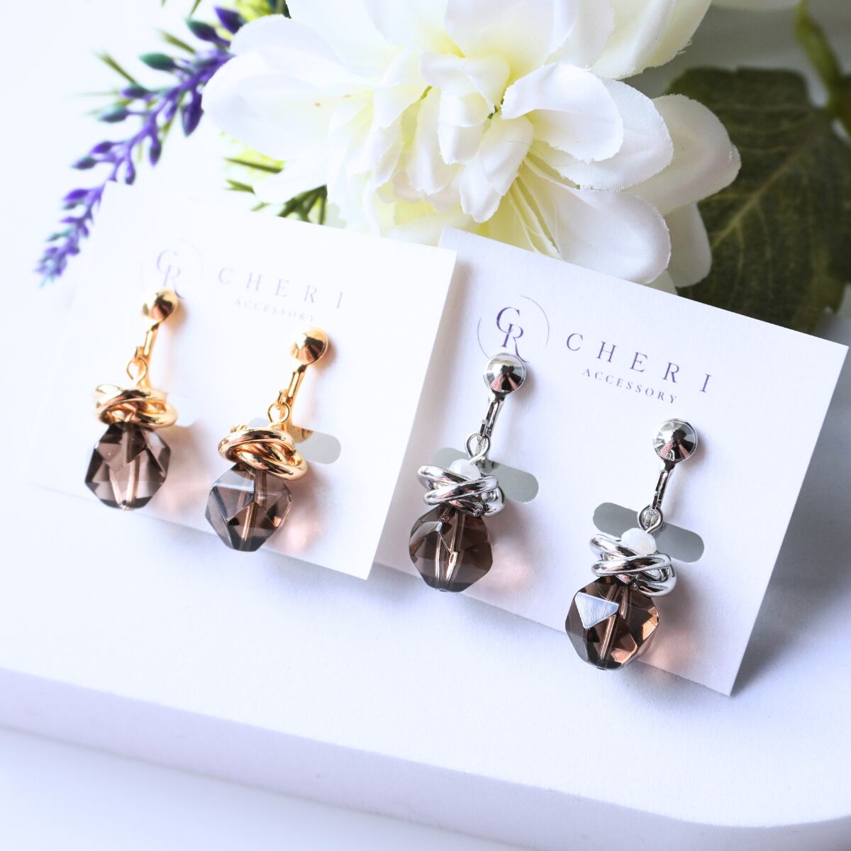 痛くないイヤリング 日本製金具 スモーキークォーツ ゴールド 大人 揺れる デイリー お洒落